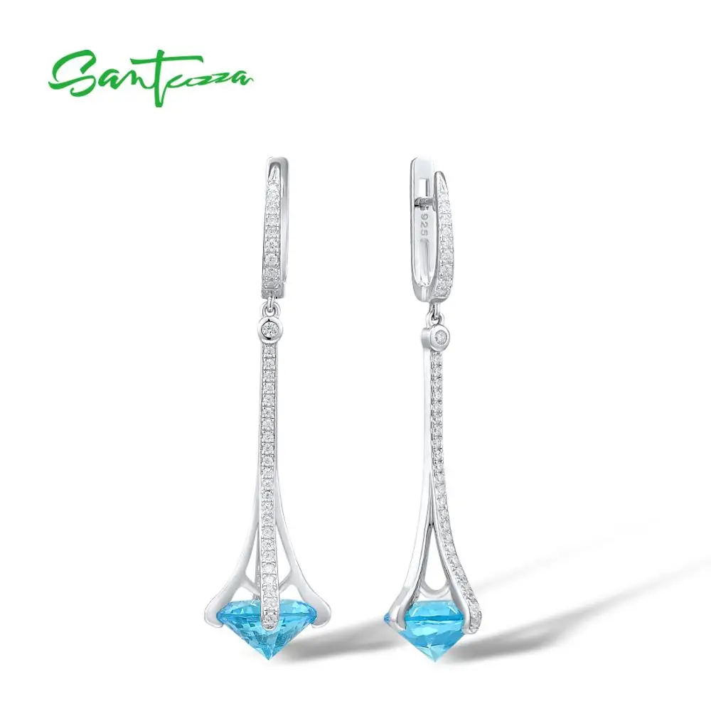 SANTUZZA 925 Висячие серьги из серебра 925 пробы круглые синие камни белый кубический цирконий элегантные серьги для женщин свадебные ювелирные украшения|Серьги-подвески| | АлиЭкспресс