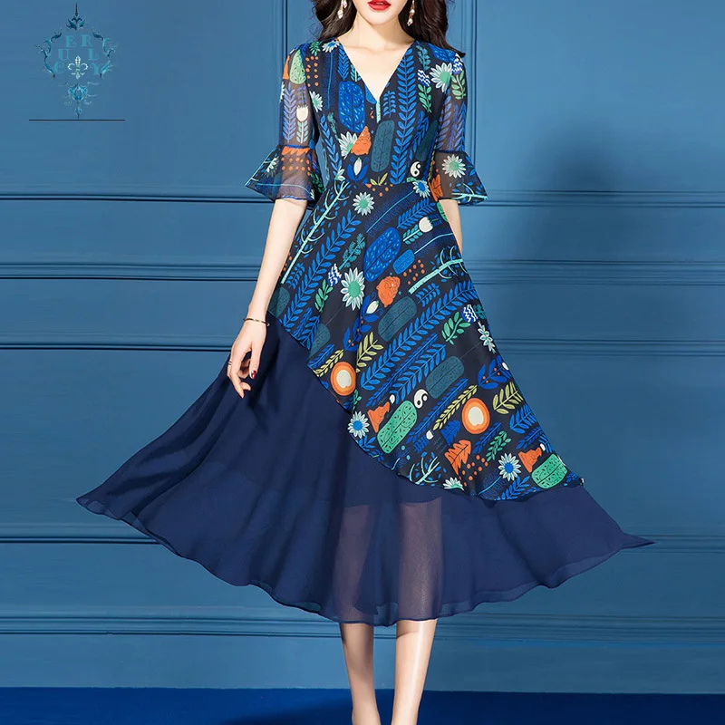 

CUERLY colorful print Chiffon dress 2019 summer flare sleeve V-neck women dresses Elegant splice irregular large swing vestidos