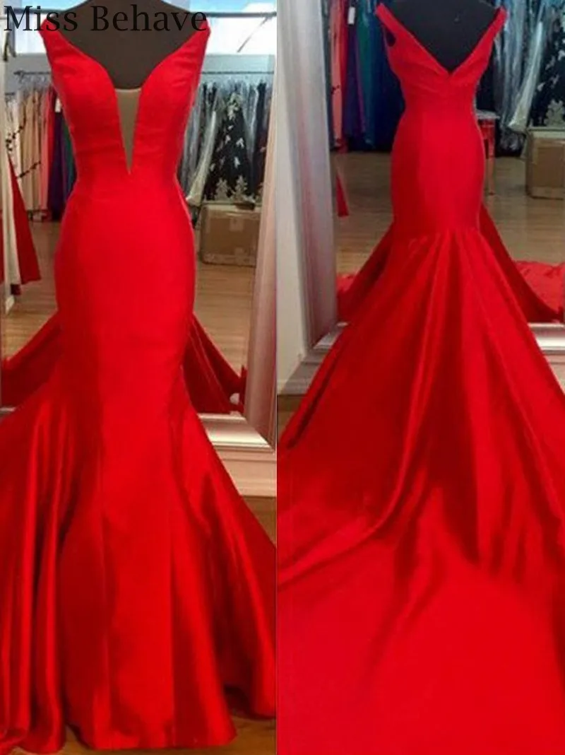 

DD JYOY Red Evemomg Dress Long 2019 with Long Train V Neck with Open Back Long Formal Dresses Evening Gowns Party