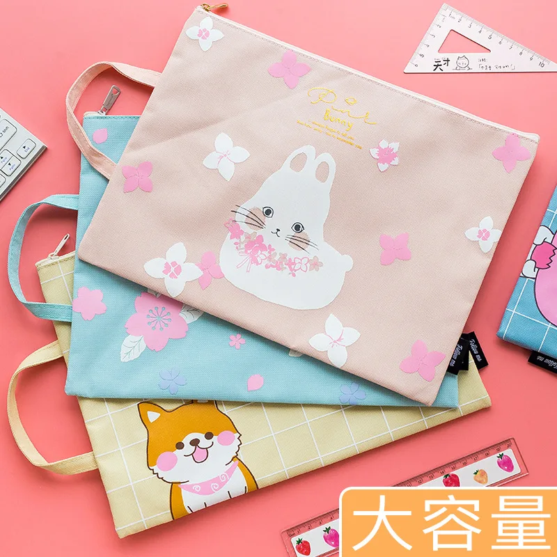 

A4 File Holder Young STUDENT'S with Transparent Large Capacity Portable Canvas Bag Simple Hipster Test Paper Clip Cute Cartoon