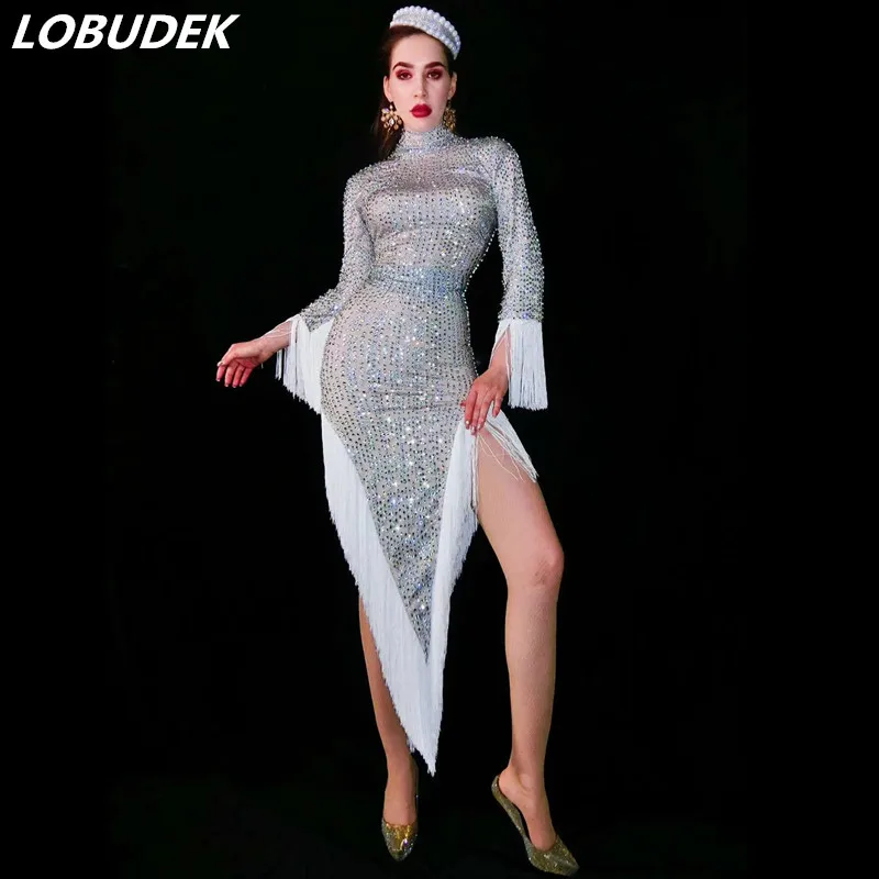 

Sparkly Silver Rhinestones Fringes Hip-wrapped Dress Prom Lady Singer Host Models Catwalk Crystal Tassel Dress Stage Split Dress