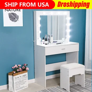 

Vanity Set With Lighted Mirror Cushioned Stool Dressing Table Bedroom Furniture Makeup Table Dressers Muebles De Dormitorio