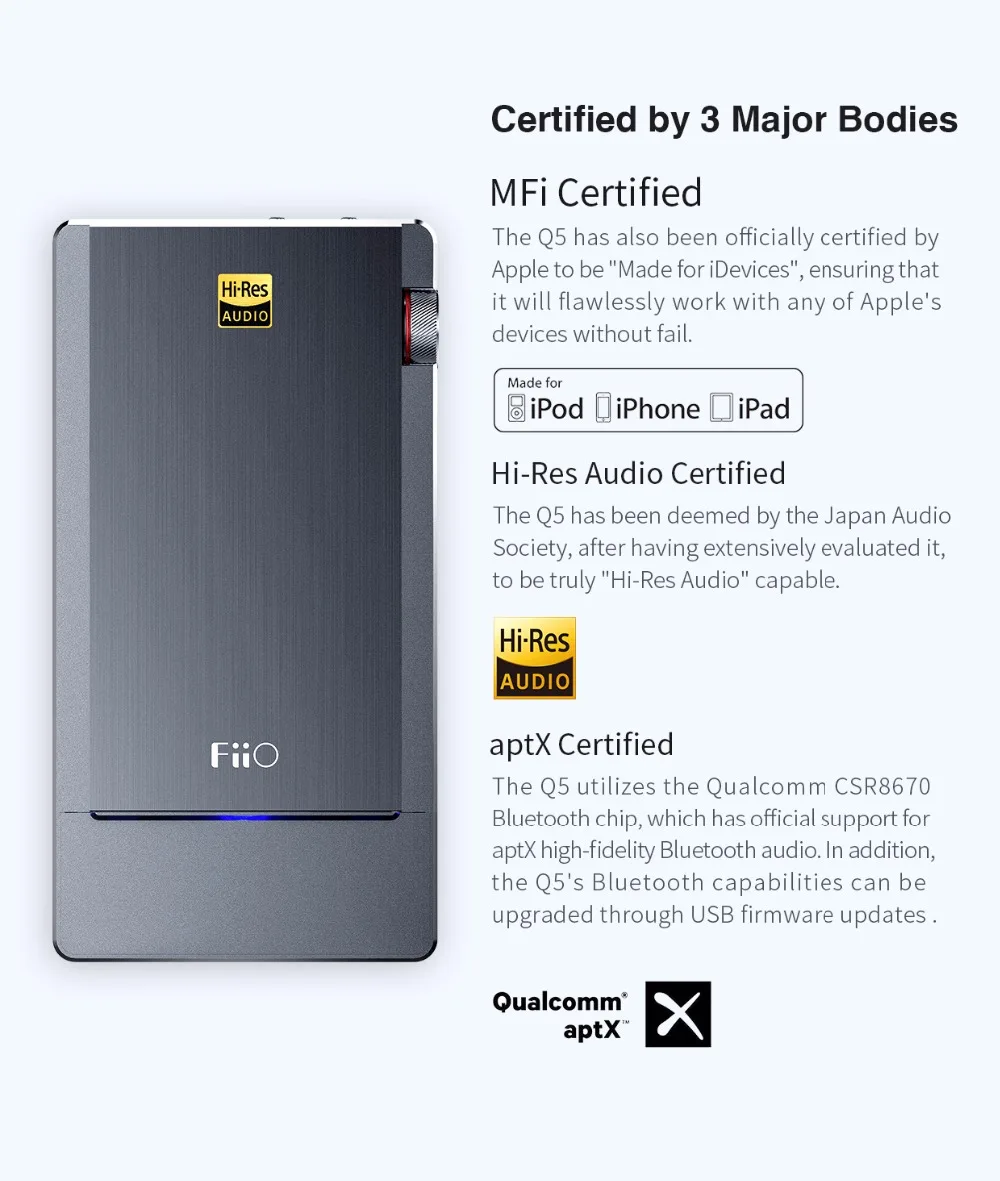 FIIO Q5 флагманский Bluetooth dsd-способный Портативный Hi-Fi усилитель DSD декодер MFi USB звуковой усилитель DAC AptX MFI сертифицированная 3,5 мм 2,5 мм