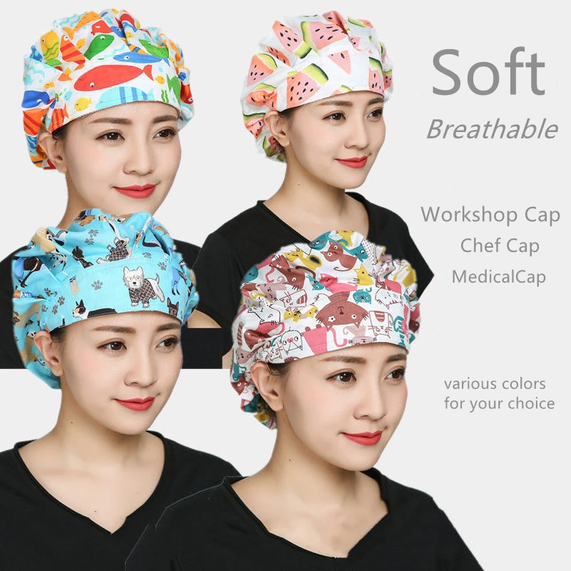 

Adjustable Bouffant Scrub Caps Women Cartoon Flower Printed Cotton Sweatband Hats Washable Nuring Caps Working Hats Accessories
