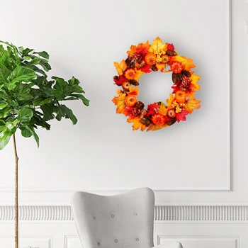 

Christmas Fall Pumpkin LED Light Wreath Plant Autumn Maple Leaf Garland Floral Arrangement Home Halloween Festival Hanging Decor