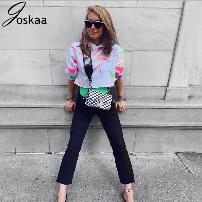 Joskaa, длинный рукав, с капюшоном, с принтом tie dye, укороченные свитшоты, Осень-зима, женская уличная одежда, сексуальные толстовки, топы