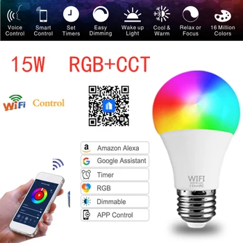 

15W WiFi Smart Light Bulb B22 E27 LED RGB Lamp Work with Alexa Google Home LED Change Color Light Bulb Dimmable iOS /Android