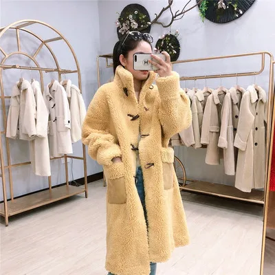 yellow Зимнее пальто теплое Женское пальто из овечьей шерсти Толстая Женская Шерсть Шуба овечья шерсть с подкладкой из искусственной замши - Цвет: yellow