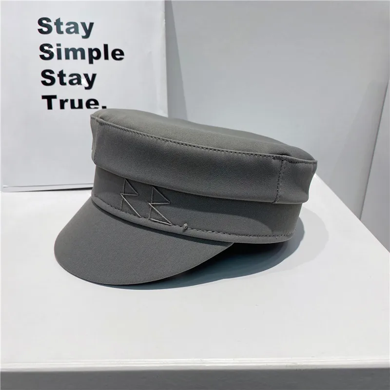 Spring Summer Caps Women Dark Gray Newsboy Cap Embroidered Letter Military Cap Visor