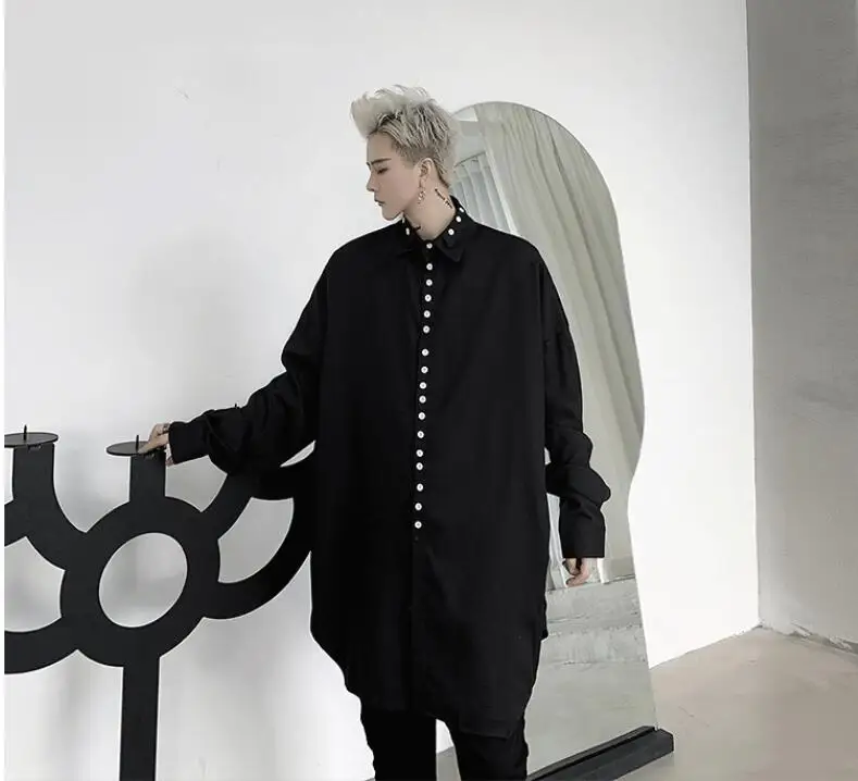 M-XL! Новинка весны, мужская Свободная рубашка с длинными рукавами, украшенная дикими темными пуговицами, Парикмахерская рубашка