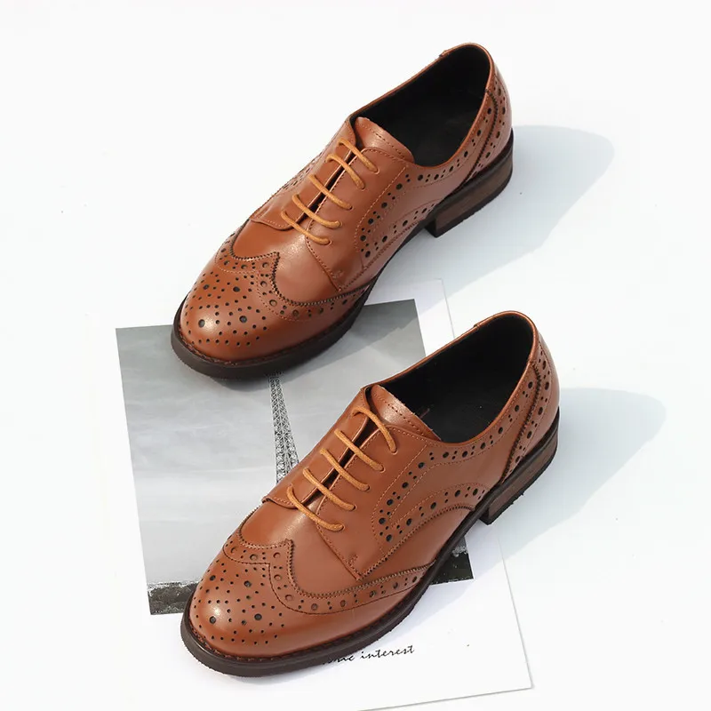 British Genuine Leather Female Oxford Shoes College Spring New Thick Heel 3cm Women Brogues Retro Carved Single Shoes Large Size (27)
