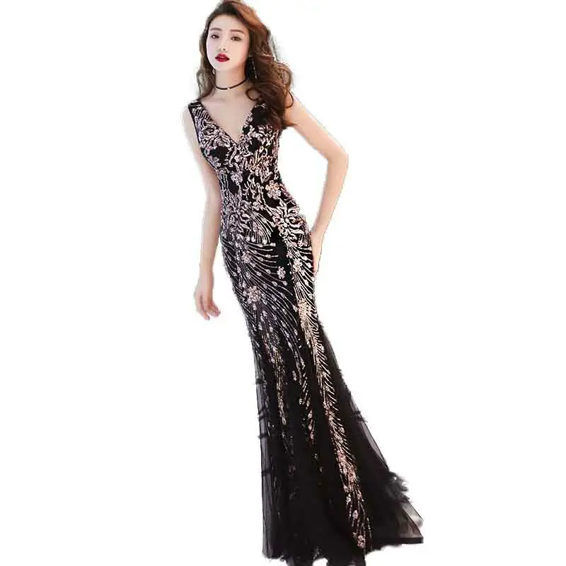 

Plus Size Evening Host long Dresses V Neck Sleeveless Simple Yarn Sequins Mermaid Party Gown Soiree Sexy Formal Dress MS-0054