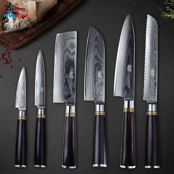 

6pcs Damascus knives set Kitchen Quality Sharp Blade Chef damascus Knife Sets Santuko Bread Nakiri Utility knife 2019 cooking