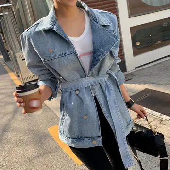 

Asymmetrical Denim Jacket Women's Coats Lapel Collar Long Sleeve Lace Up Female Coat Spring Oversized Fashion New Clothes