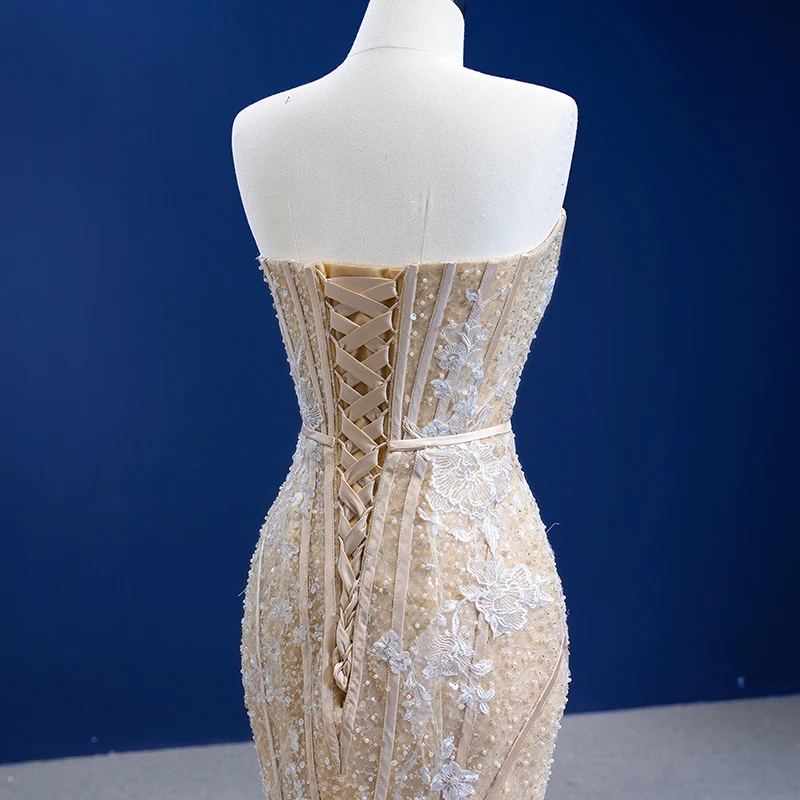 RSM67339 Elegant Mermaid Evening Dress Sweetheart Neck Strapless Beading Printed Banquet Dress Vestido Debutante Dourado 6