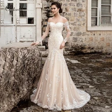 Optcely красивое свадебное платье русалки с глубоким вырезом и длинным рукавом цвета шампанского, сексуальное, без плеча, кружевное, с аппликацией, с бисером, шлейфом