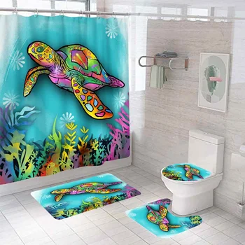 

4 IN 1 Colorful Turtle Shower Curtain Waterproof Bath Curtains Polyester Fabric Toilet Cover Mat Bathroom Non-Slip Mat Rug Kit