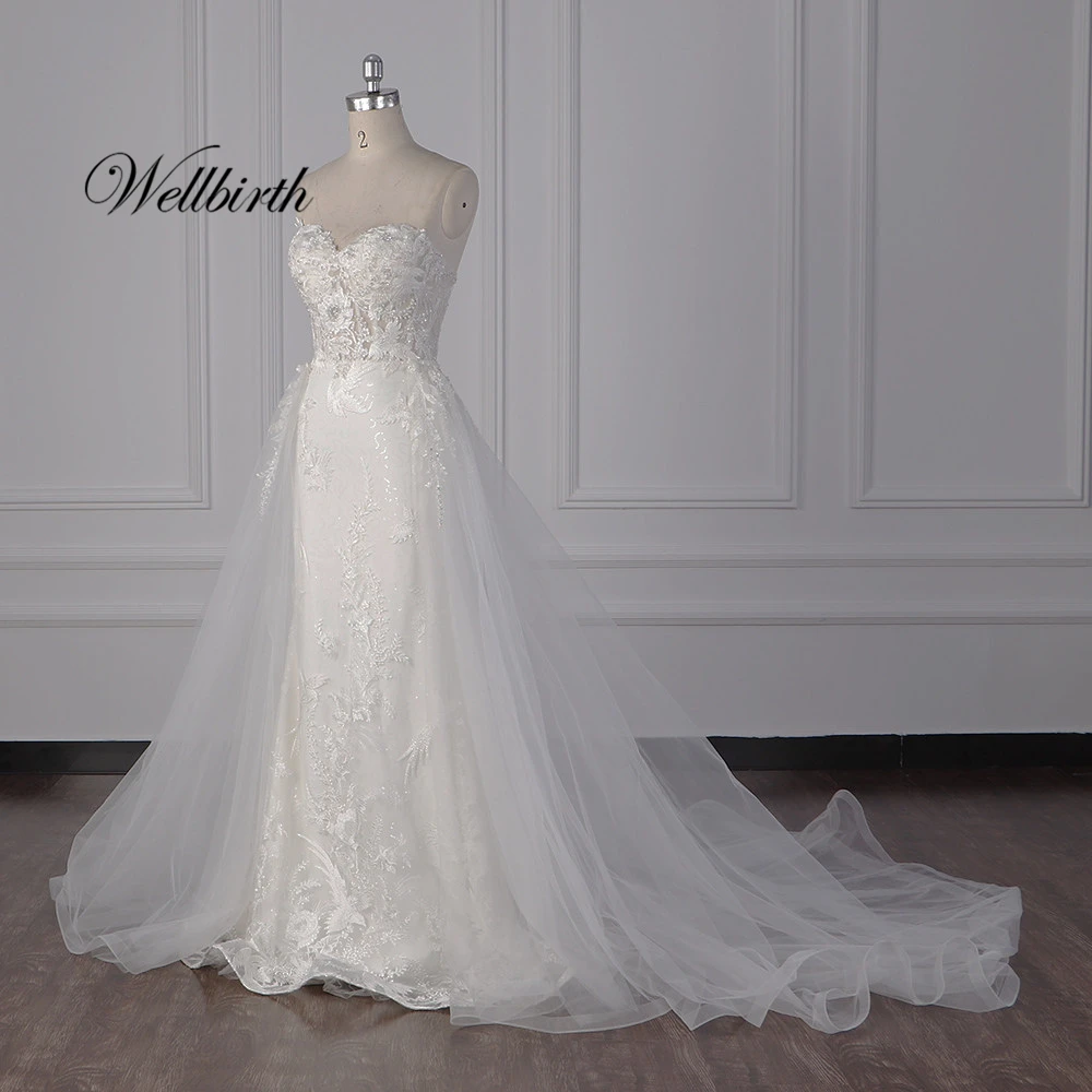 Реальное изображение Wellbirth Vestido de novia милый молния на спине русалка свадебное платье со съемным шлейфом JC027