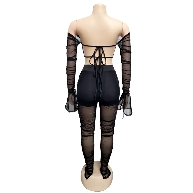 ANJAMANOR Ruched Mesh с длинными рукавами, 2 предмета, сексуальные Клубные наряды для женщин, брюки и топы, Осенний Модный комплект из двух предметов, D42-AD65