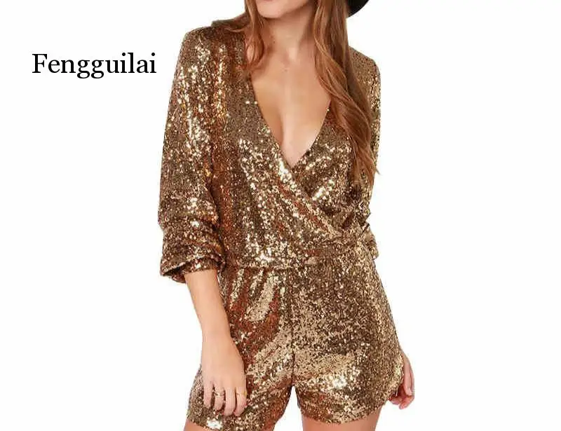 Women Sequins Jumpsuit Sexy Spot Gold Silver Rompers V-neck Shorts female Plunging DS Dance Evening Party Overalls | Женская одежда