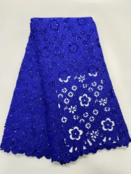 

Latest Pure royal blue African Water Soluble Lace Fabric 2019 High Quality Guipure Cord Lace Fabric With Stones Nigerian Dress