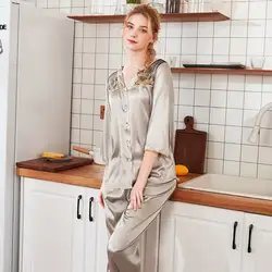 2019 Демисезонный женская пижама наборы для ухода за кожей, v-образный вырез, однотонная Цвет с длинным рукавом женская ночная одежда, пижамы