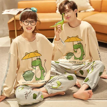 

XIZOU Couple 's Pajamas Autumn Cotton Long-Sleeved Leisure Tops Korean -Style Women 's Cute Two Piece Suit Winter and Autumn