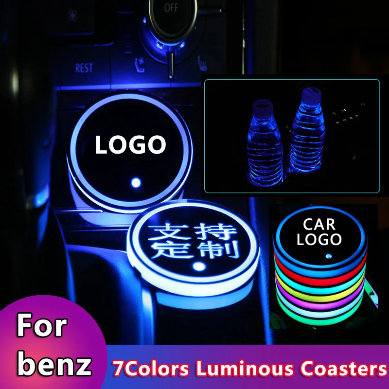 

2pcs New Car Led Cup Pads Light Coasters 7 Colors Car Logo Atmosphere Light For Mercedes Benz C Class AMG Smart car accessories
