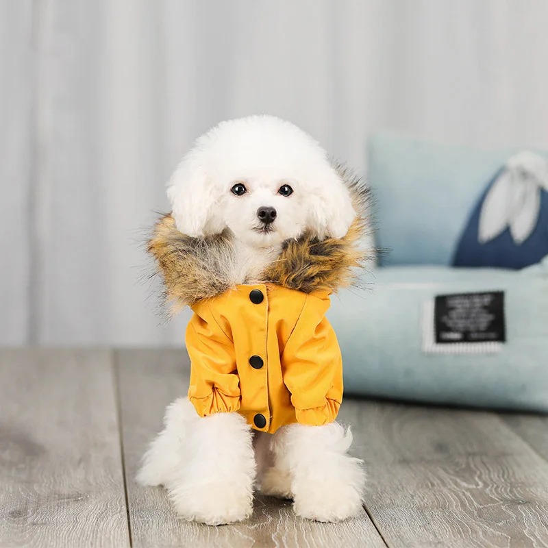 Зимнее пальто для собак, куртка с меховым воротником, одежда для домашних животных для маленьких и средних собак, костюм, теплый наряд для щенков, чихуахуа, бульдога, одежда для домашних животных, мопс - Цвет: Цвет: желтый