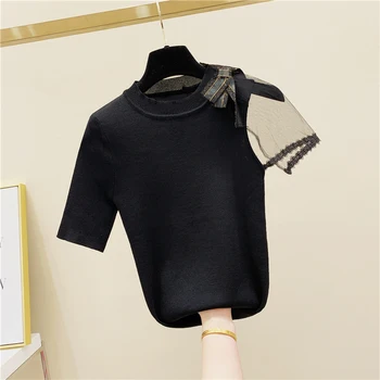 

2020 Summer casual women t-shirts Wear Gauze Joint Short Sleeve Knitted T-shirt Women Bow Office Lady Bow Solid O-Neck T-shirts