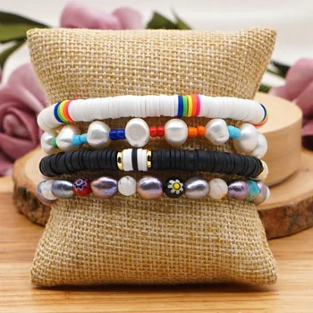 

Go2boho Freshwater Pearl Bracelet Women's Bracelets Hand Made Heishi Disc Beaded Boho Jewelry Elastic Bangles Gift