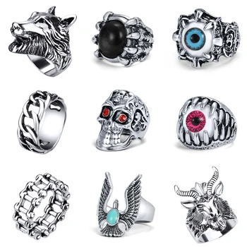 

ZS 14 Styles Punk Rock Roll Wolf Head Finger Ring with CZ for Men Devil Eyeball Stone Grid Gothic Rings Christmas Gift Jewellery