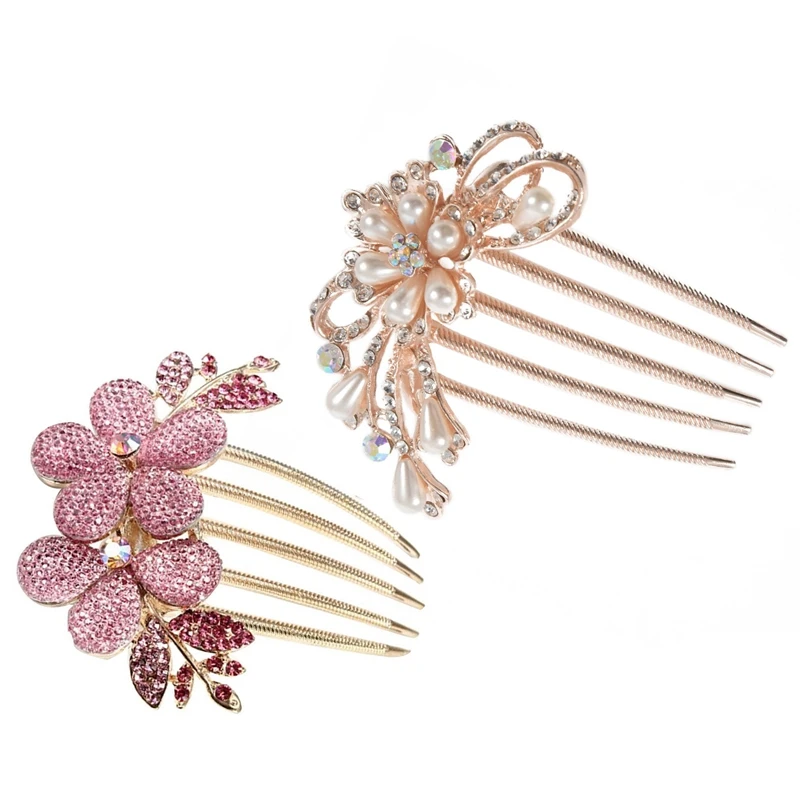 2Pcs Rhinestones Pearls Bridal Wedding Party Hair Comb Headdress Clip Pin Decor Gold &amp Pink |