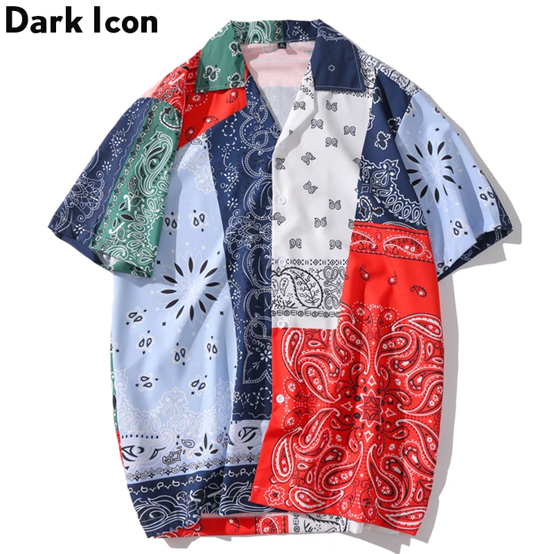 DarkIconBandannaPrintRetroShirtsTurndownCollarMenStreetwear