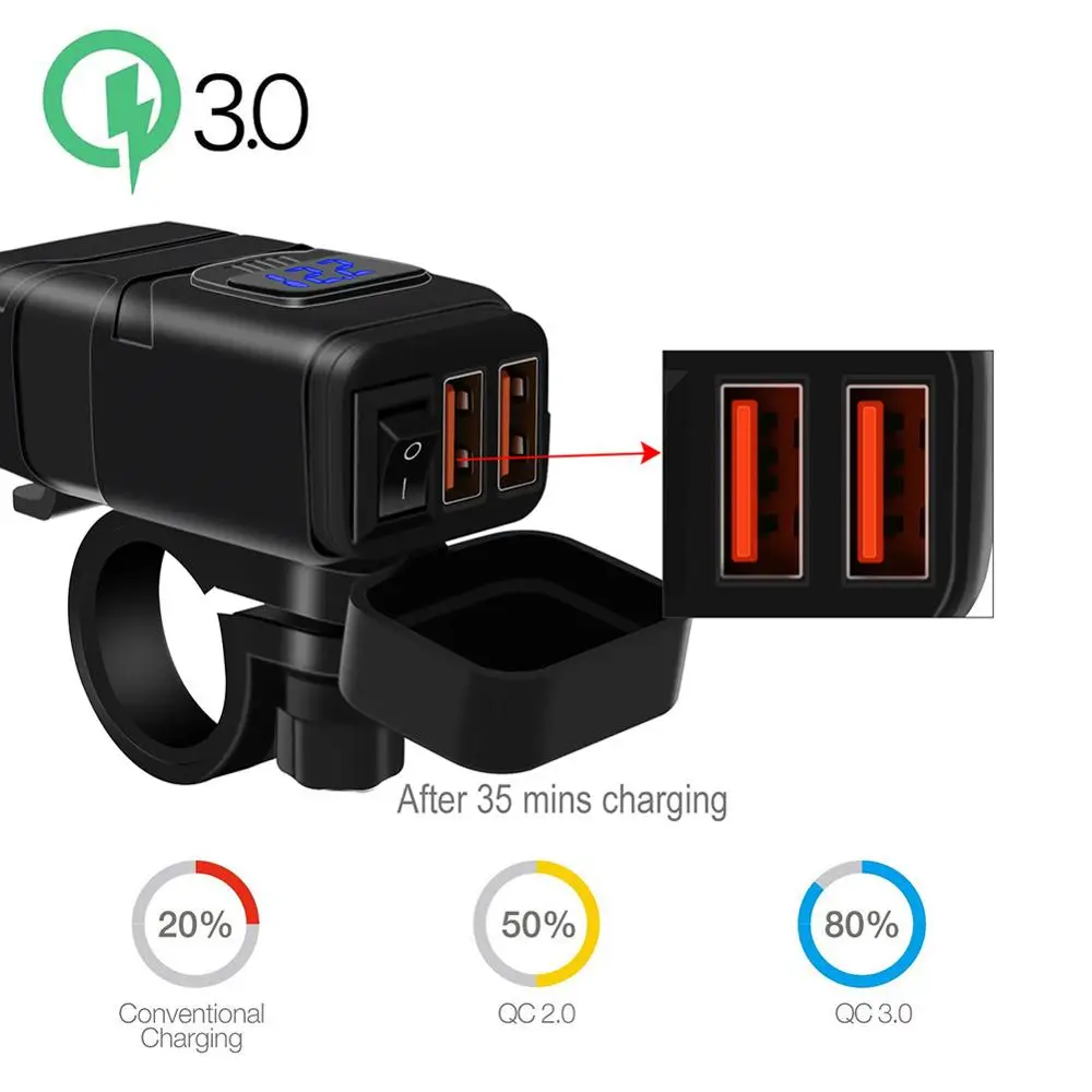 

Motorcycle Quick Charger 12V SAE to USB Adapter with Voltmeter On Off Switch Motorcycle car usb adapter fast charging Dual USB