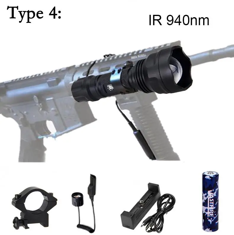 IR-501b Zoomable Focus Hunting Flashlight infrared Radiation IR 940nm Night Vision Weapon Light Rifle Gun Mount Remote Switch - Испускаемый цвет: Type 4