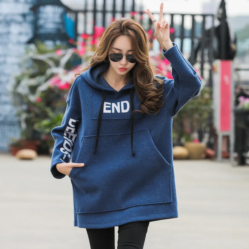 

Real shot 2019 new European station large size women's long hooded padded hoodie autumn