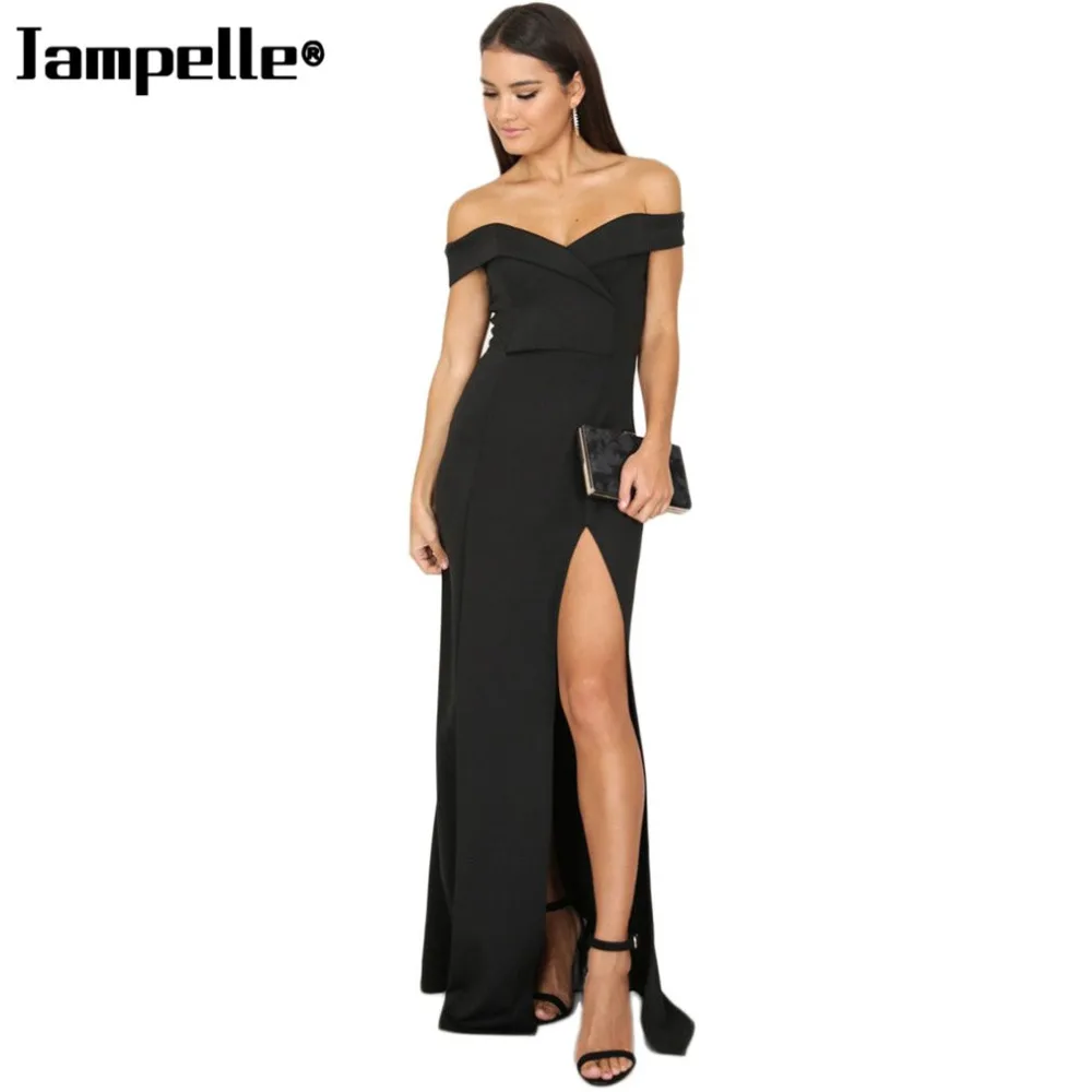 Jampelle Women Sexy Off Shoulder Sleeveless Female Dress Side High Slit Casual Solid Color Bodycon Elegant Maxi Party Dress