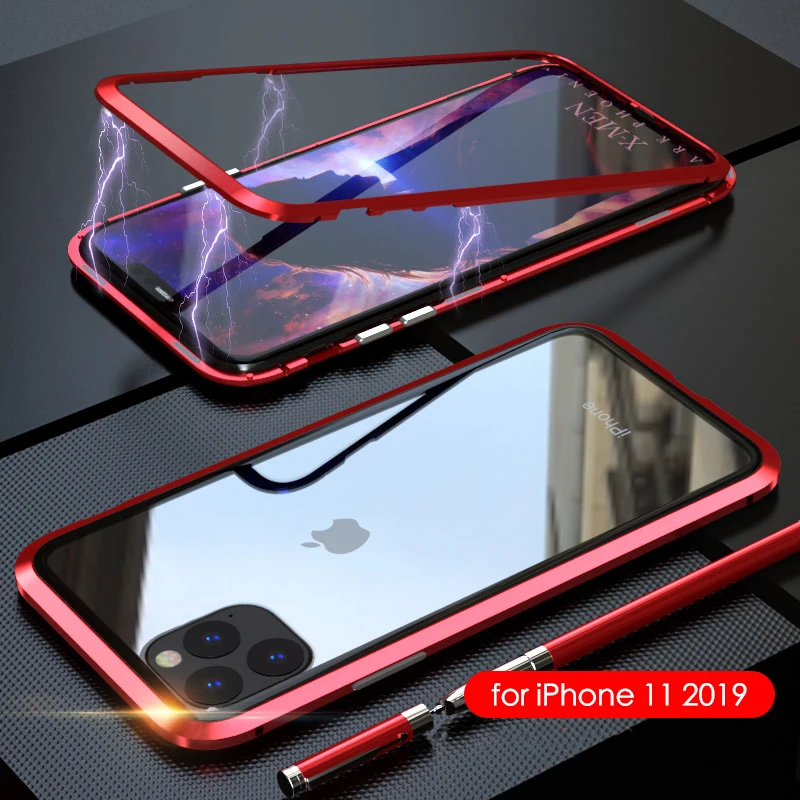 Red Роскошный Магнитный адсорбционный задняя крышка для iPhone 11 закаленное стекло встроенный Магнит чехол для iPhone 11 металлический бампер чехол - Цвет: Red