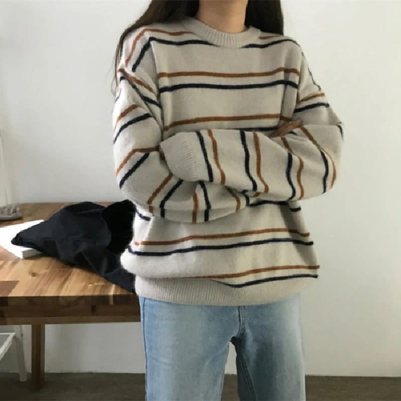 

HAYBLST Brand Sweater Womens 2019 Autumn Winter Casual Fashion Striped Patchwork Tops Kawaii Korean Style Long Sleeve Clothing