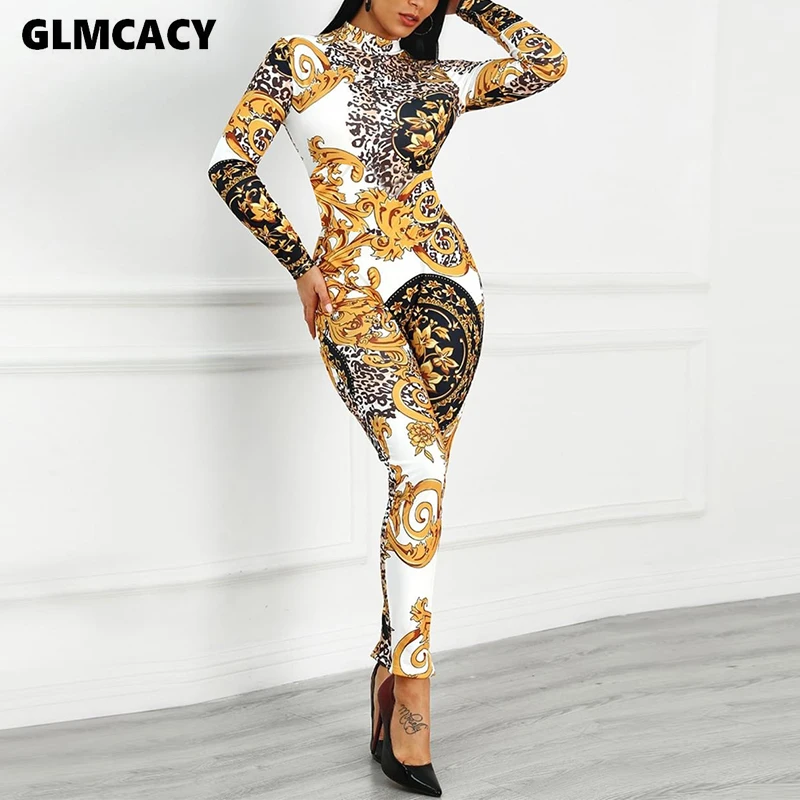 

Women Retro Printed Long Sleeve Bodycon Jumpsuit Skinny Stretch Spring Fall Slim Fit Vintage Fashion Trends Overall