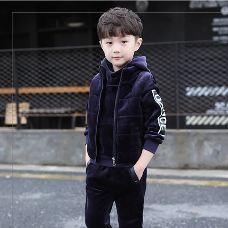 NavyBlue Осенне-зимний комплект модной детской одежды, вельветовый утепленный детский спортивный костюм для мальчиков жилет из 3 предметов+ пуловер с капюшоном и надписью+ штаны - Цвет: NavyBlue