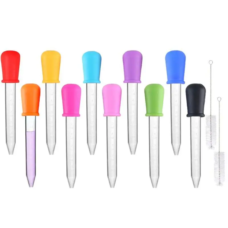 

10 Pcs Liquid Droppers & 2 Brushes Baby Dropper Medicine Feeder Silicone Droppers Pipettes for Candy Molds, Gummy Mold and Craft