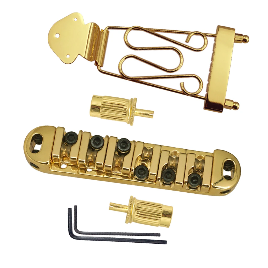 1 Pack Zinc Alloy Jazz Guitar String Tailpiece with Roller Saddle Bridge Golden/Black Saddle, Gold