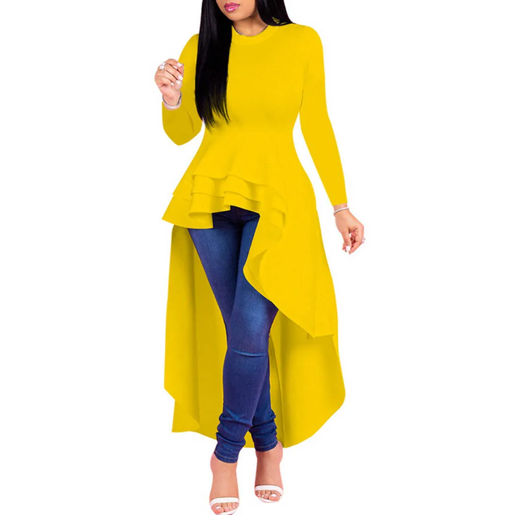 Богемная ассиметричная блузка для женщин, одноцветные топы с оборками, топы с длинным рукавом, Облегающая рубашка размера плюс, blusas mujer de moda