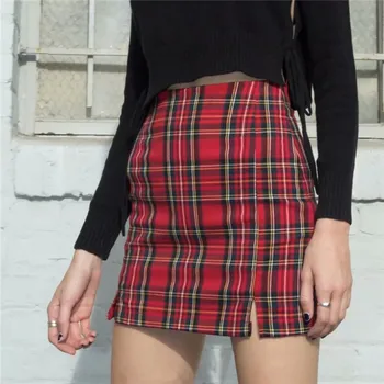 

Classical Summer Women's Skirt New Fashion Elegant Woven Plaid Print Mini Skirt Ladies High Waist Slit Body-con Pencil Skirt