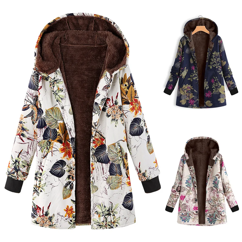 

Photo Shoot Women's Thread Long Sleeve Hooded Thick Plush Cotton-padded Clothes Retro Flower Printed Large Size Hooded Coat Tops