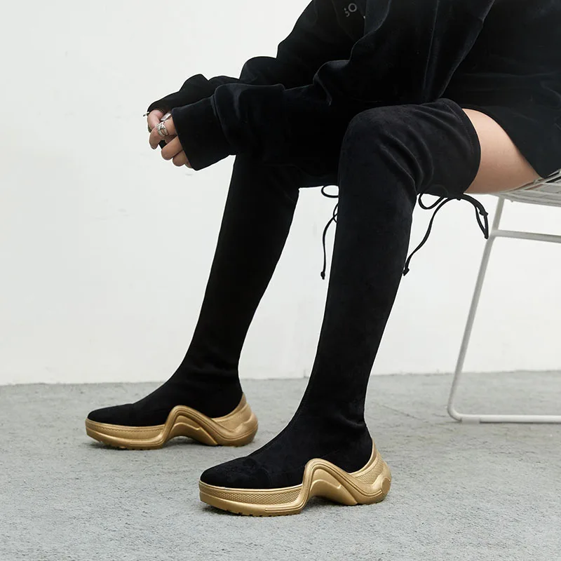 Lucyever/женские сапоги до бедра; женские ботфорты на шнуровке; Botas Mujer; высокие женские сапоги из нубука на толстой плоской платформе