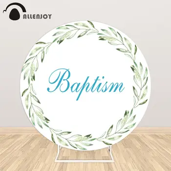 

Allenjoy Baptism Baby Shower Round Circle backdrops Banner Green Leaves White Elastic Table Cover Wedding Photography Wallpapers