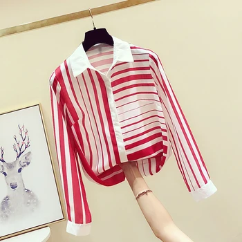 

Color Block Striped Female Blouses 2019 New Spring Autumn All-match Turn Down Collar Long Sleeve Chiffon Shirts and Basic Top